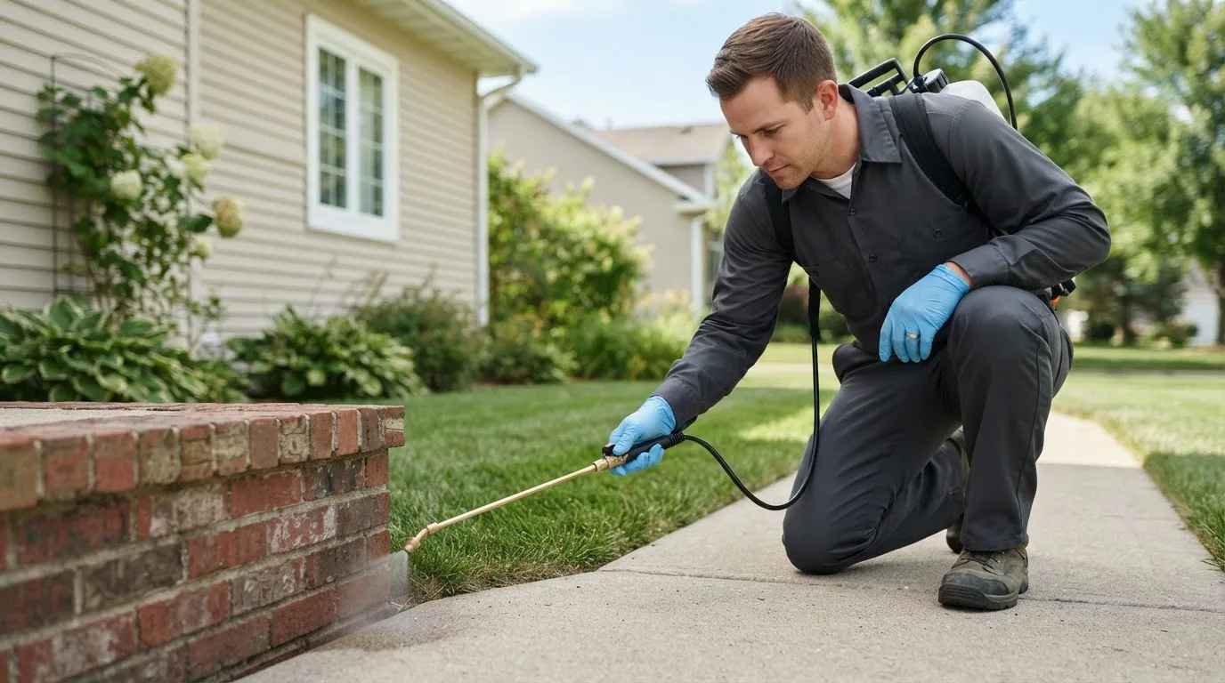 Pest control technician treating a home near Parma, ID
